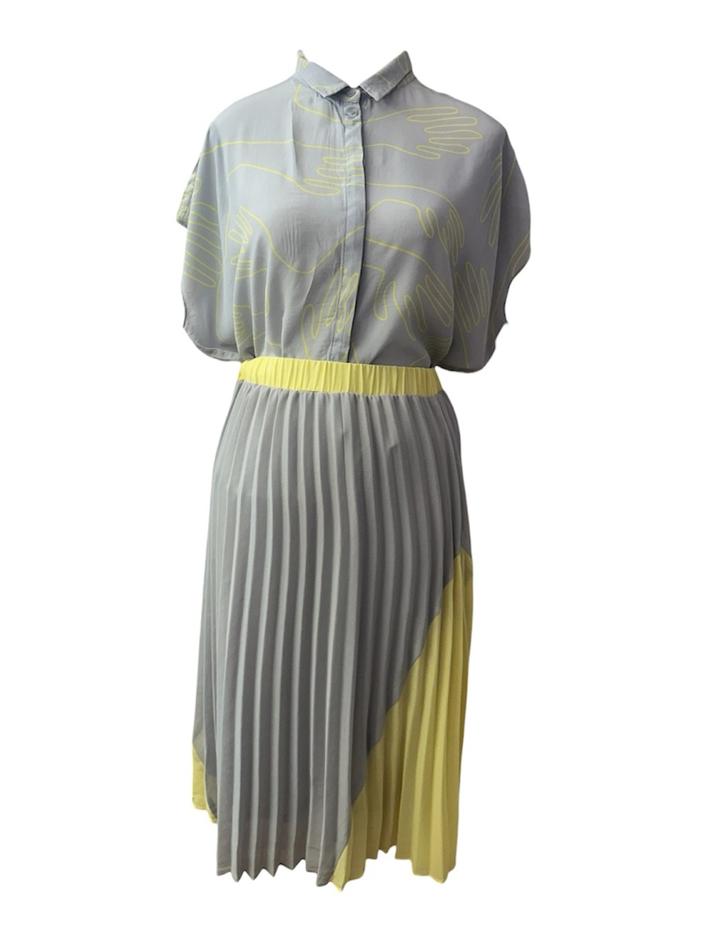 Elk Grey and Yellow Midi Pleated Skirt Dress